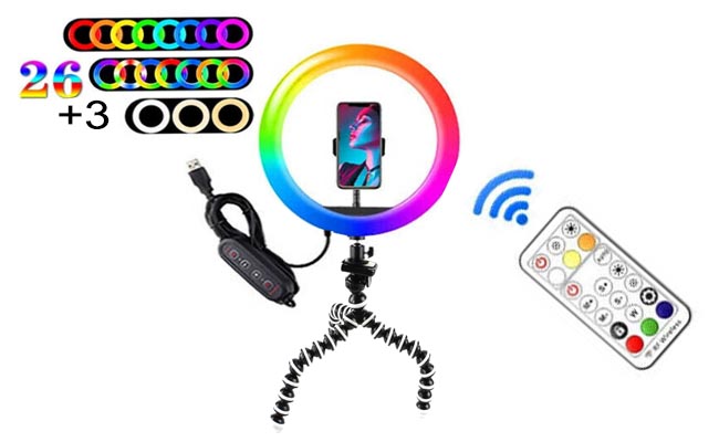 RGB Prstencová lampa, kruhové světlo ring led light set 26cm 1x stolní stativ