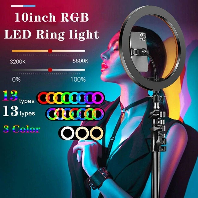RGB Prstencová lampa, kruhové světlo ring led light set 26cm , 2x stativ