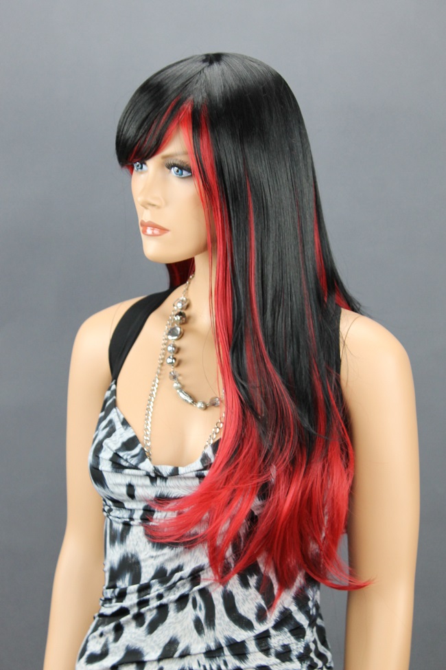 Dámská paruka dlouhá, černá, červená RED-DL  