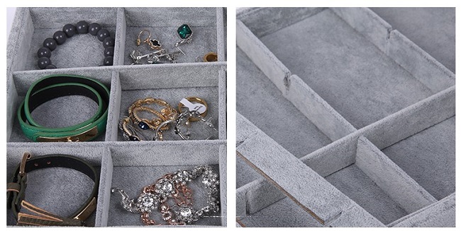 Plato na uložení, vystavení šperků 12 přihrádek PT13 šedý samet  