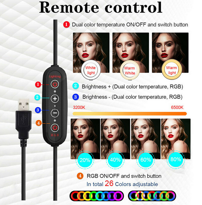 RGB Prstencová lampa, kruhové světlo ring led light set 26cm 1x stolní stativ